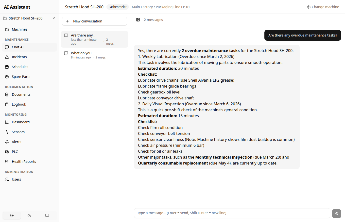 DigitFactory ONE — AI Assistant conversation with machine context