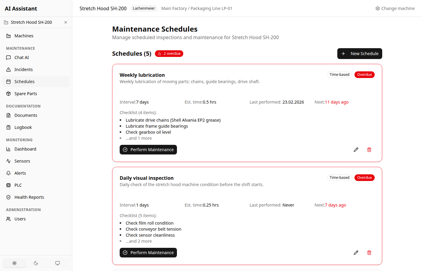 Maintenance schedules